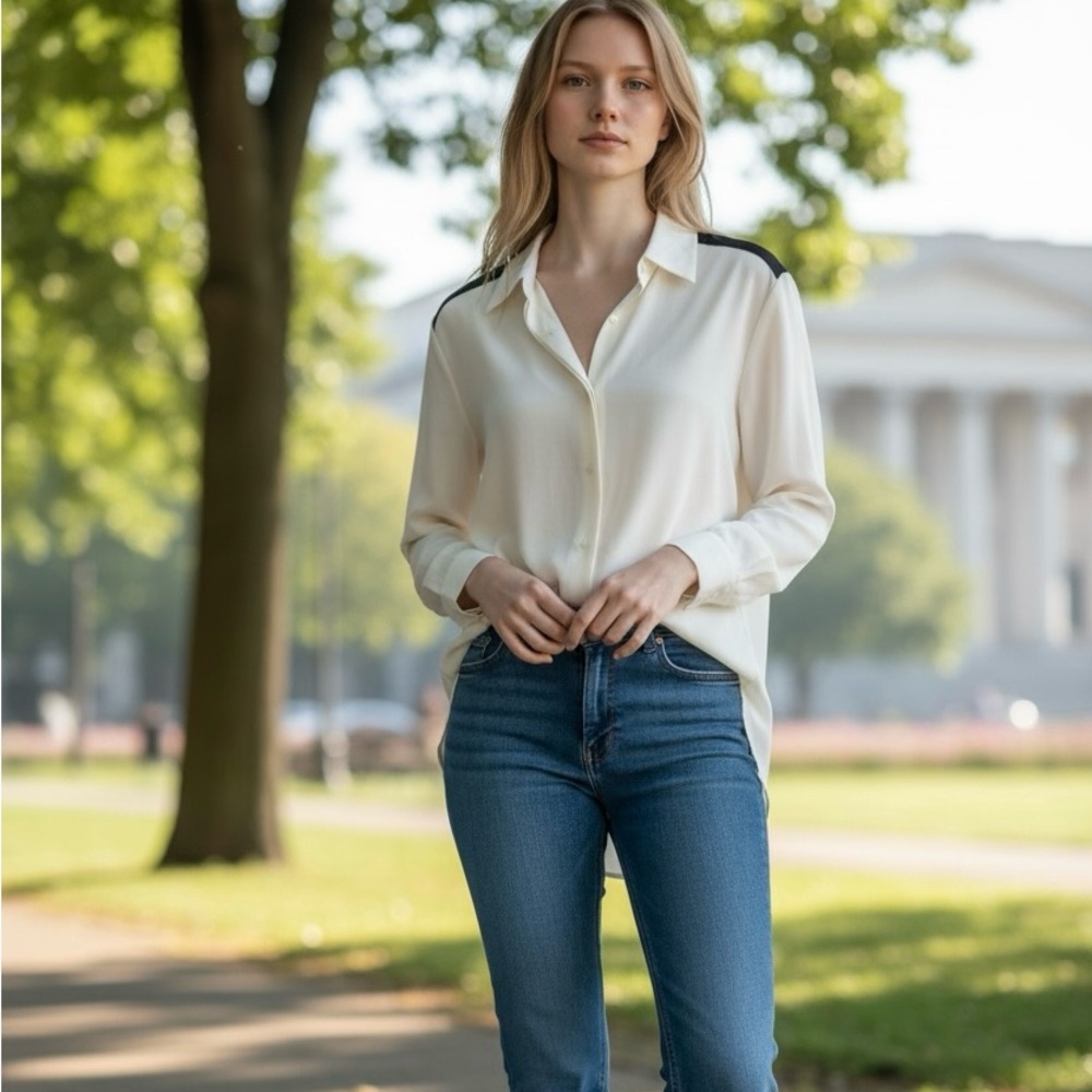 NWT Express Boyfriend Portofino Two-Tone Cream & Black Button-Up Blouse Size XS